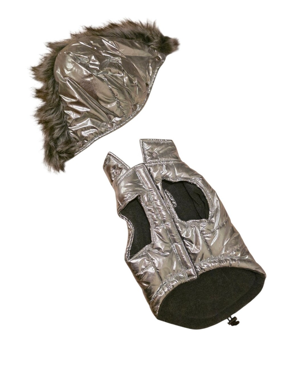 Reflective Silver Puffer Dog Jacket with Faux Fur Trim Hood